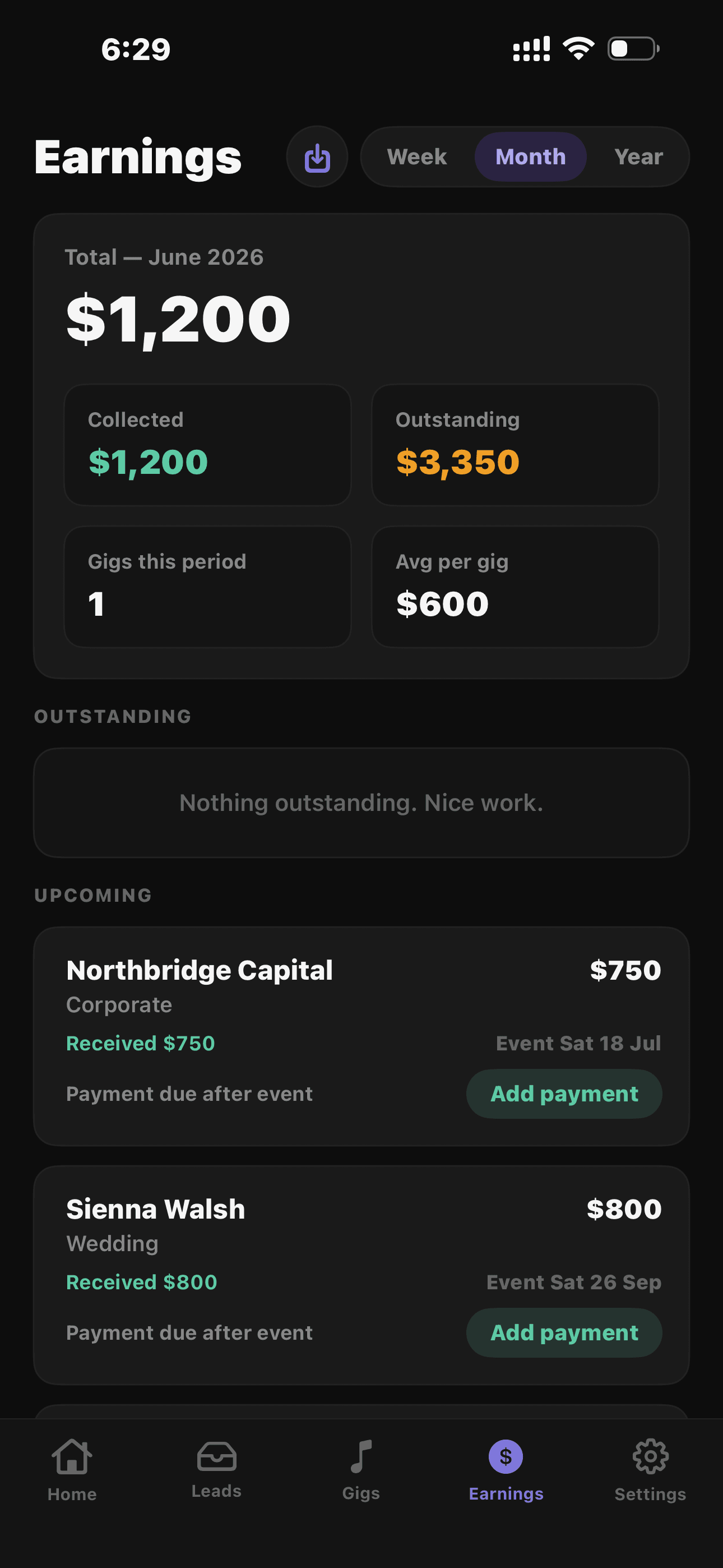 Myla app showing the Earnings screen with payments tracked and financial year summary