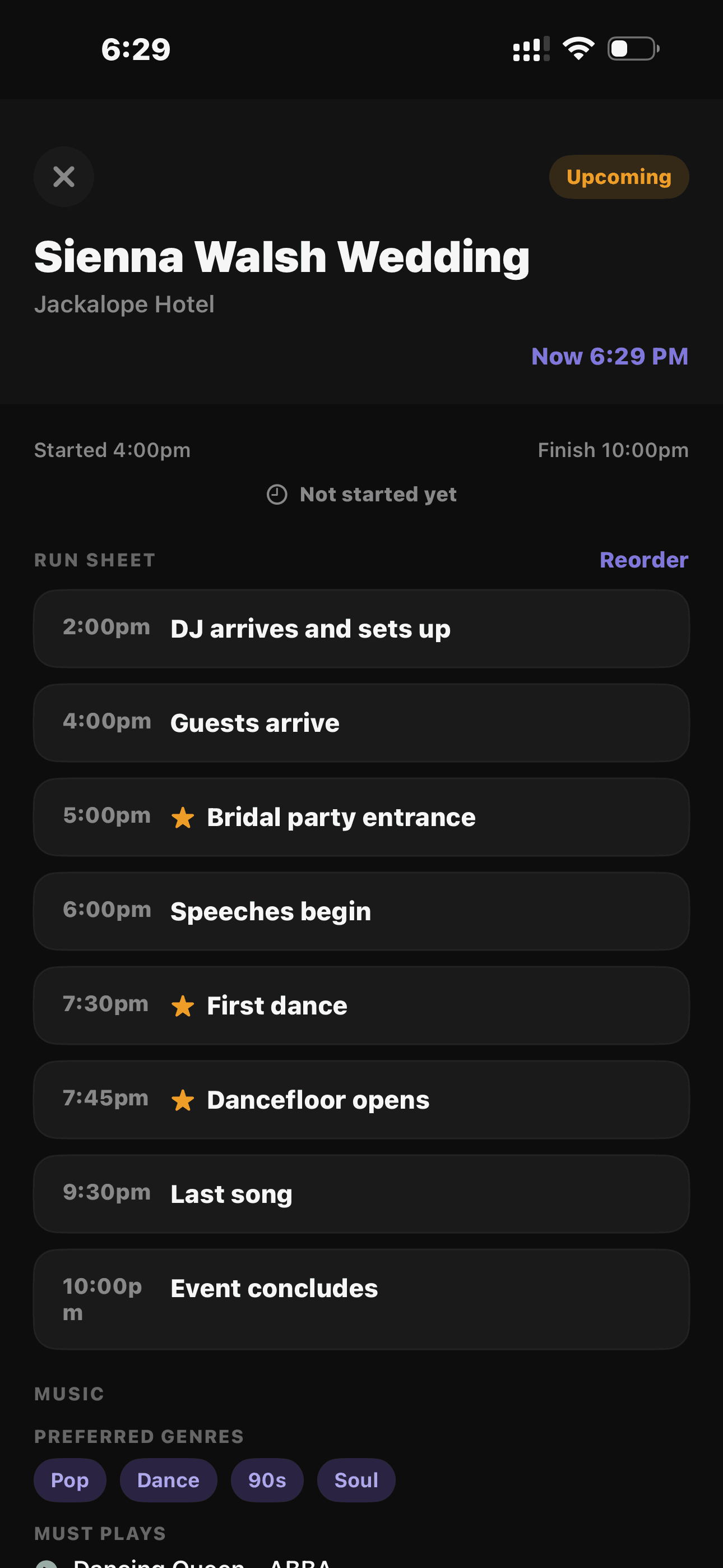 Myla app showing the Event View run sheet for the Sienna Walsh Wedding, with a timed run sheet and music preferences