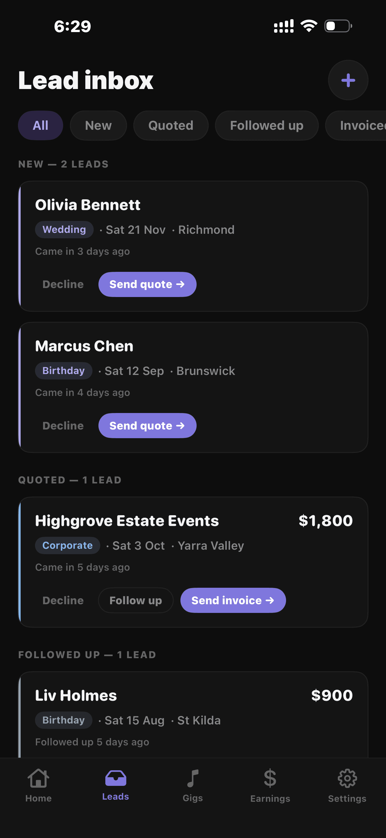 Myla app showing the Lead Inbox with upcoming gig cards sorted by status